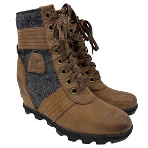 Sorel Lexie Wedge Tobacco Brown Wool Felt Lace Up Boots Sz 8